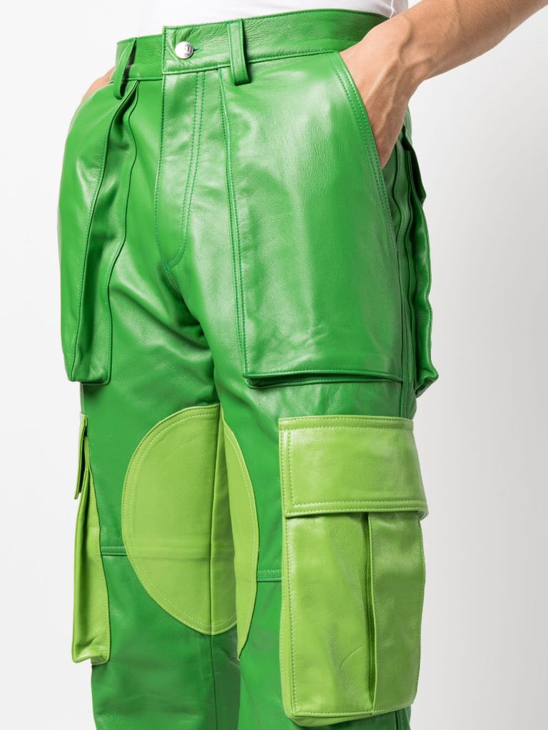 Green Baggy Leather Cargo Trousers