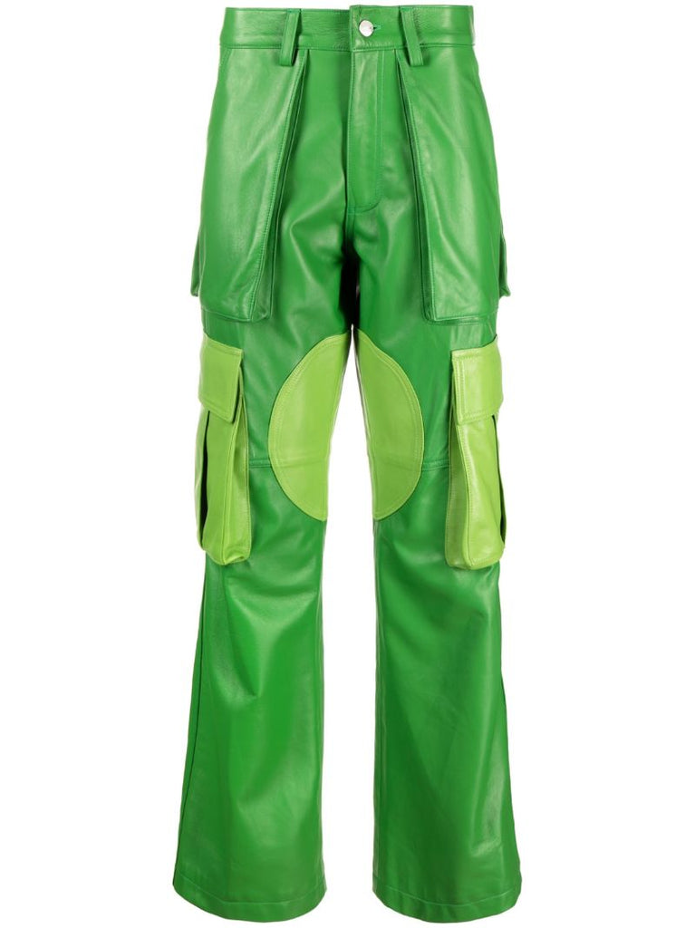 Green Baggy Leather Cargo Trousers