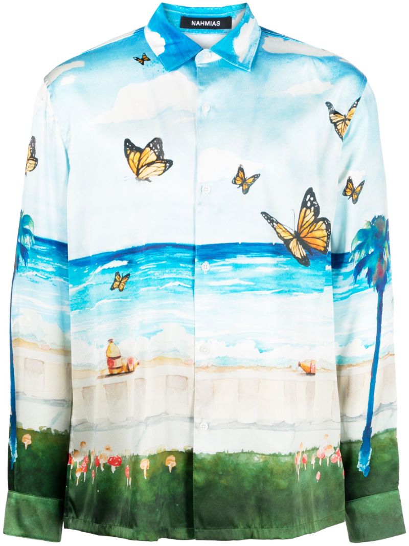 Blue Butterfly Beach Print Silk Shirt