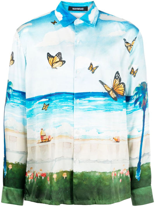 Blue Butterfly Beach Print Silk Shirt