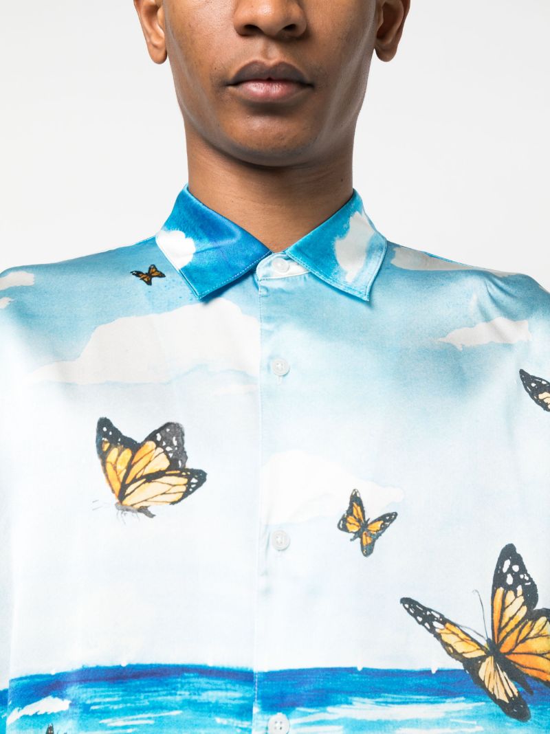 Blue Butterfly Beach Print Silk Shirt
