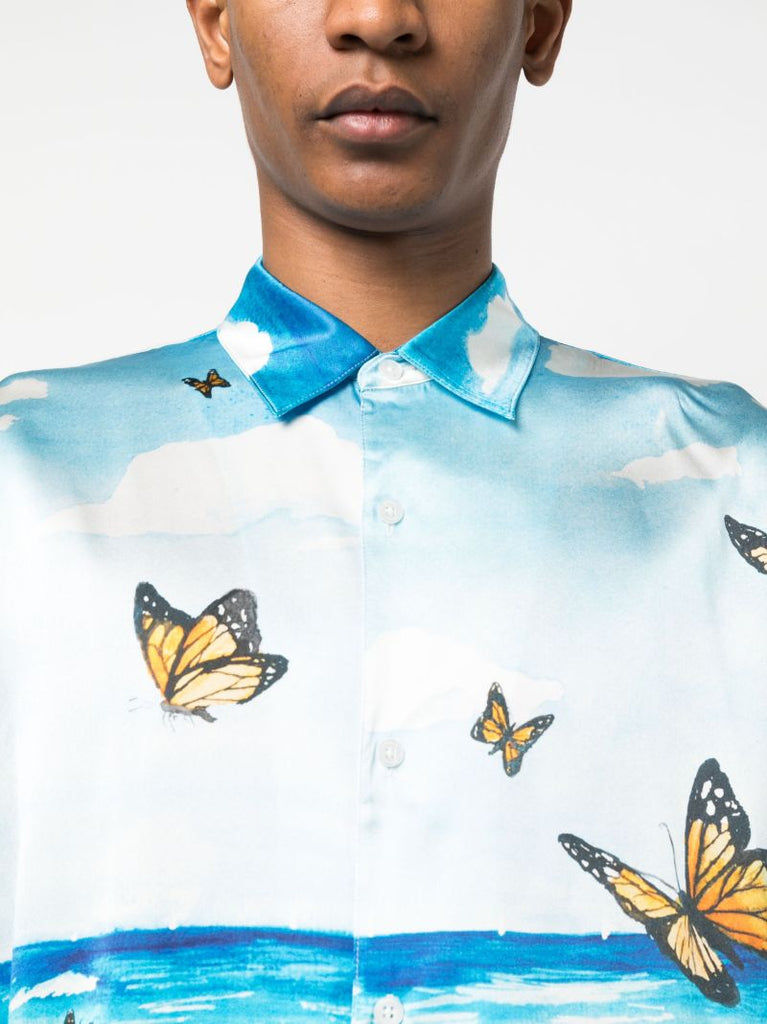 Blue Butterfly Beach Print Silk Shirt