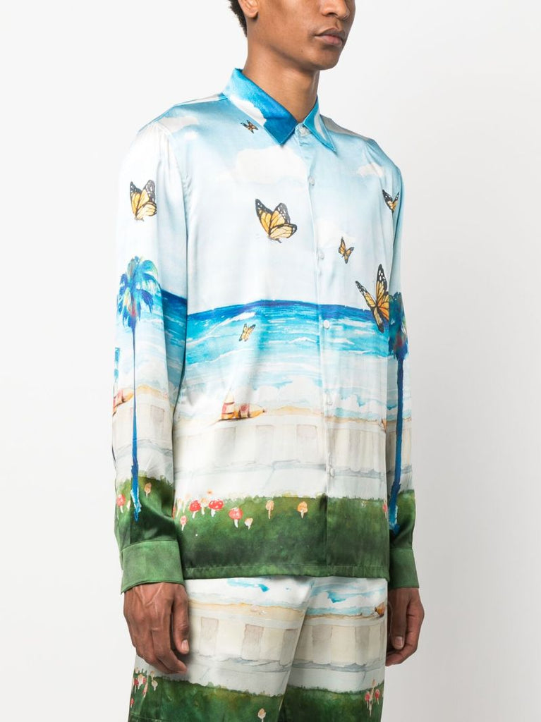 Blue Butterfly Beach Print Silk Shirt