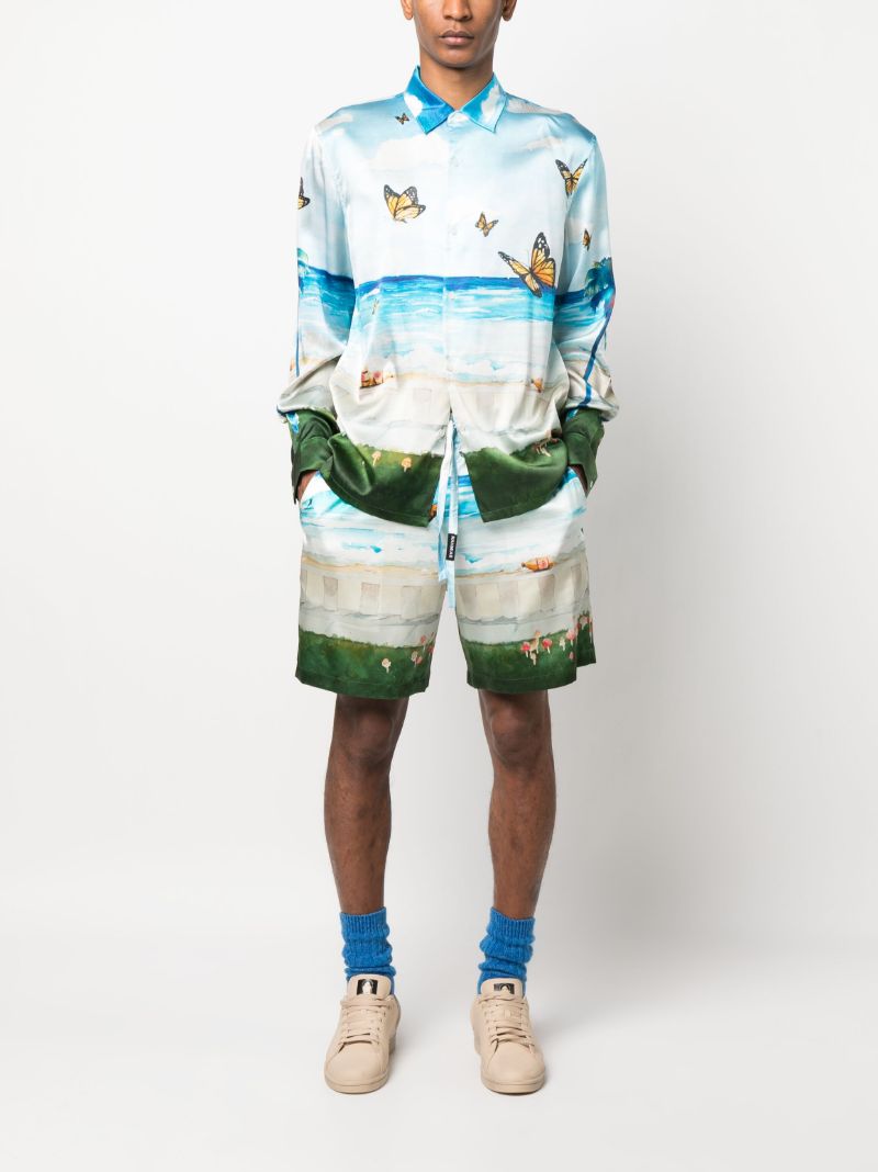 Blue Butterfly Beach Print Silk Shirt