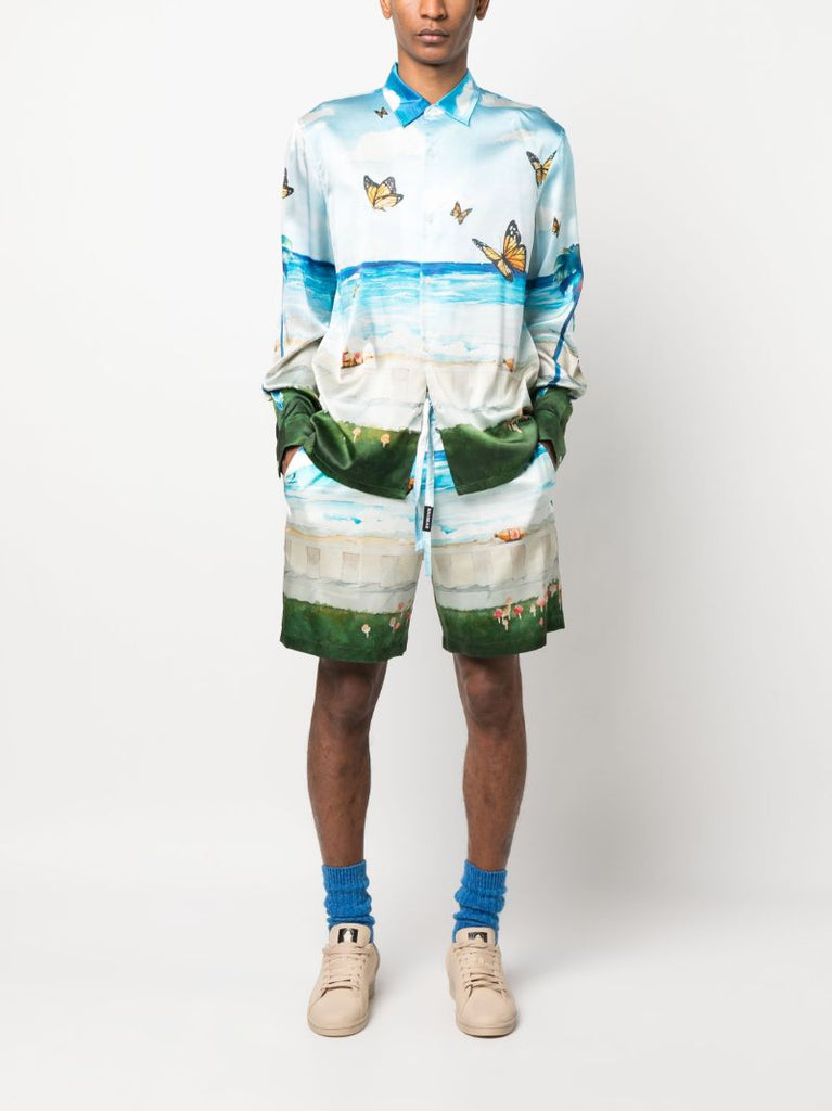 Blue Butterfly Beach Print Silk Shirt
