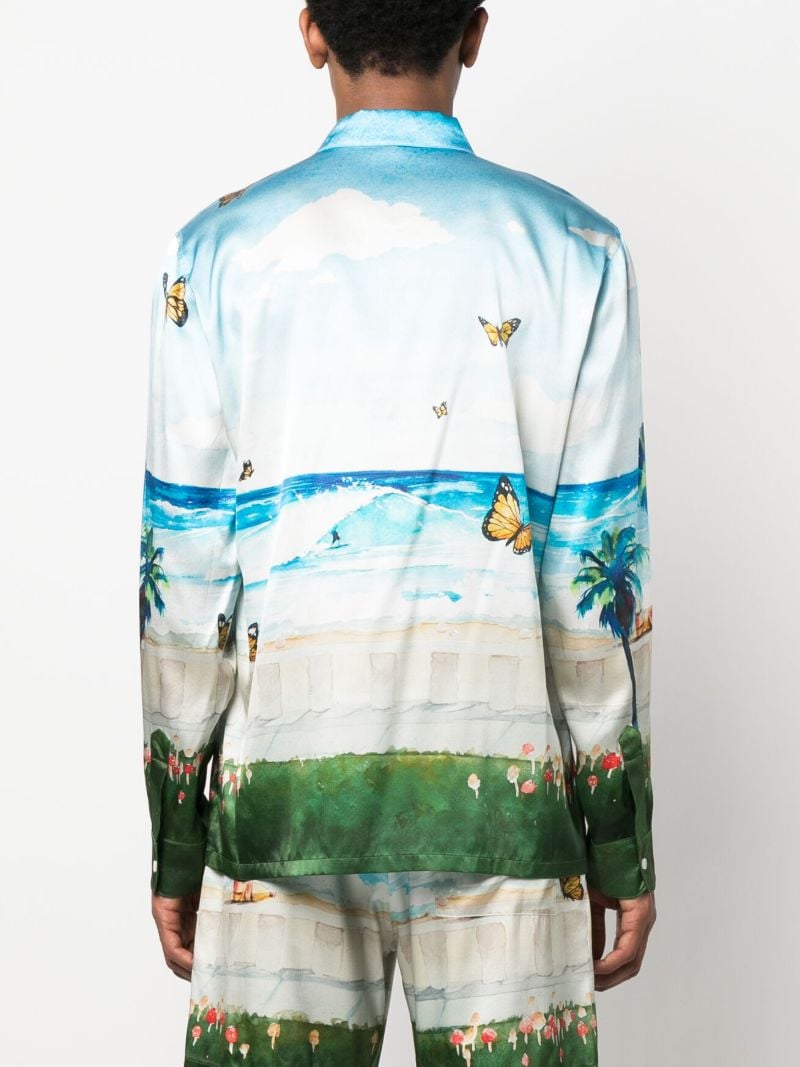 Blue Butterfly Beach Print Silk Shirt