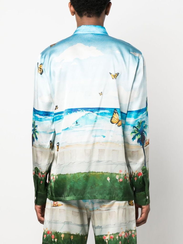 Blue Butterfly Beach Print Silk Shirt