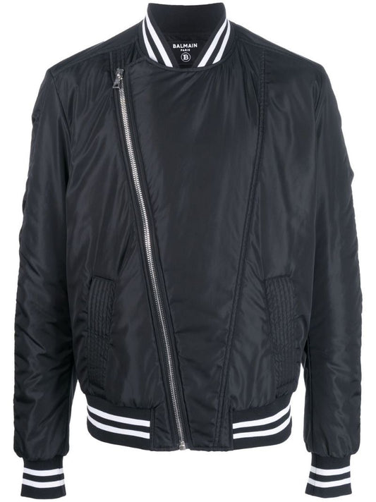 Black Logo Print Asymmetric Bomber Jacket