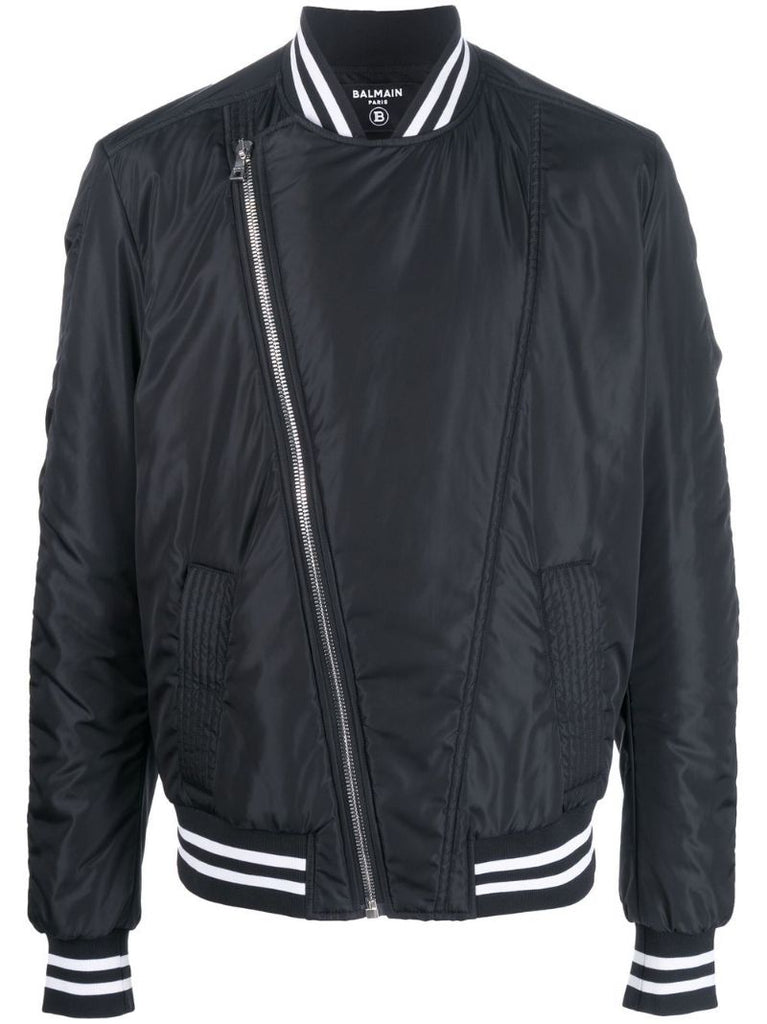 Black Logo Print Asymmetric Bomber Jacket