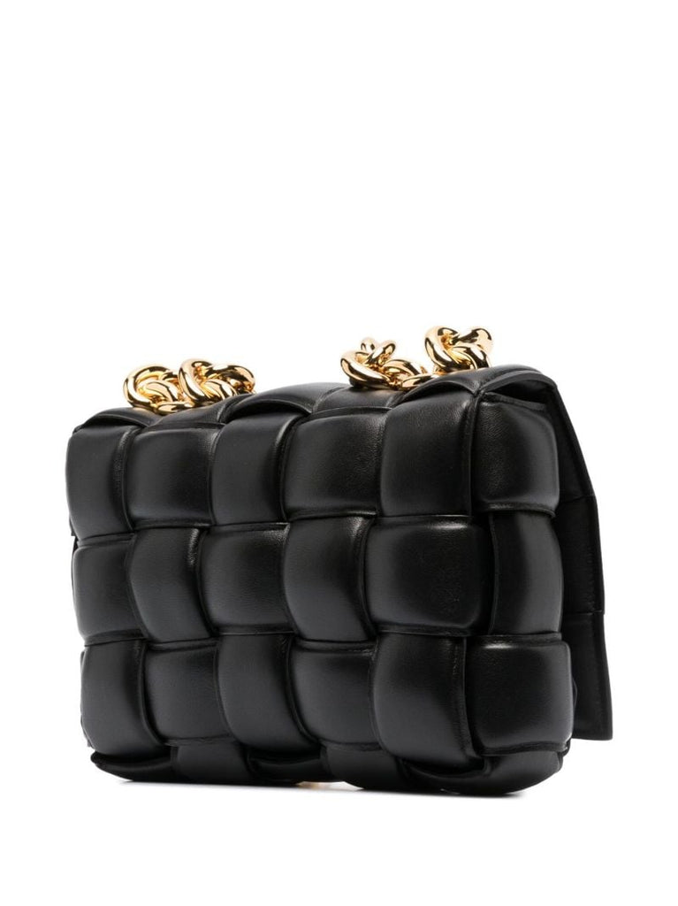 Black Padded Chain Cassette Leather Shoulder Bag