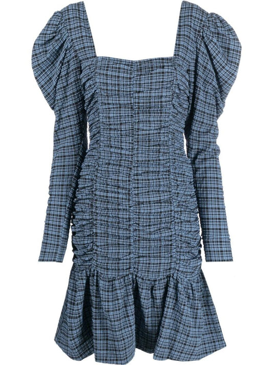 Blue Checked Seersucker Mini Dress
