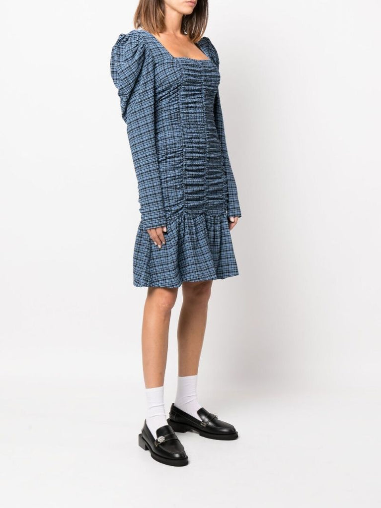 Blue Checked Seersucker Mini Dress