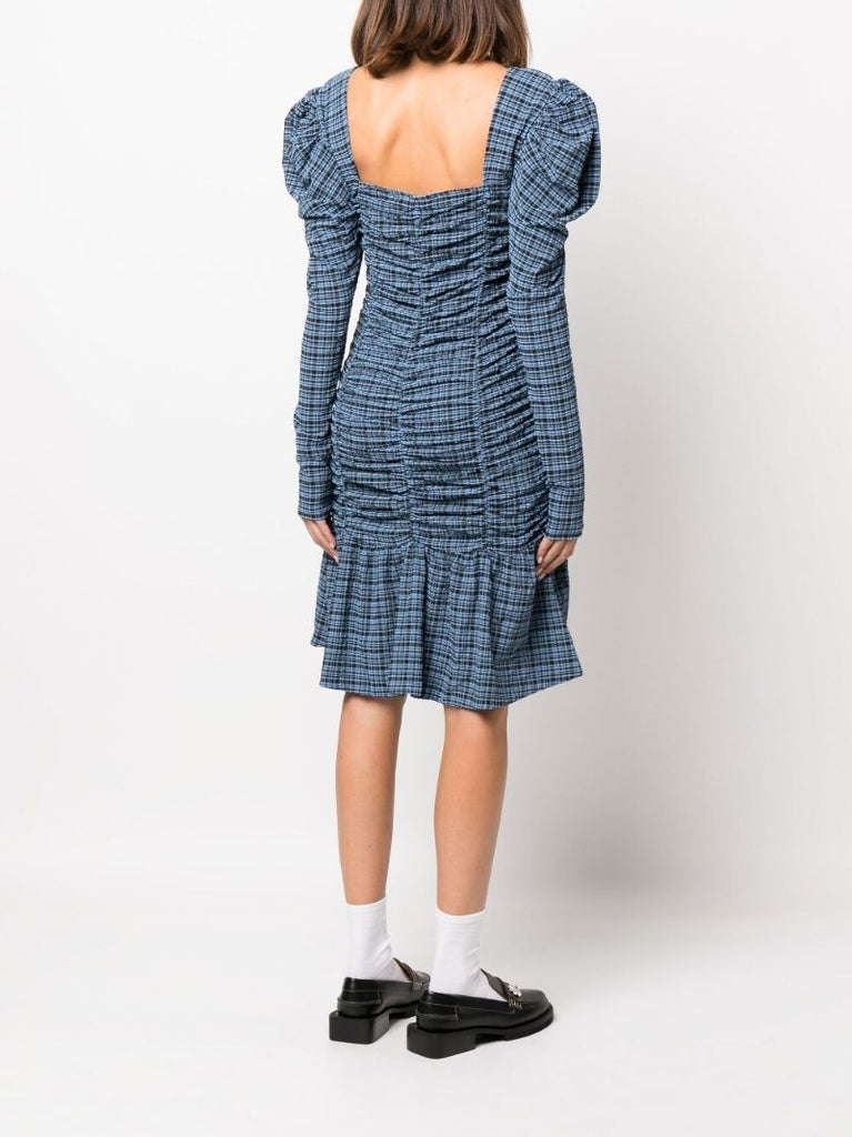 Blue Checked Seersucker Mini Dress