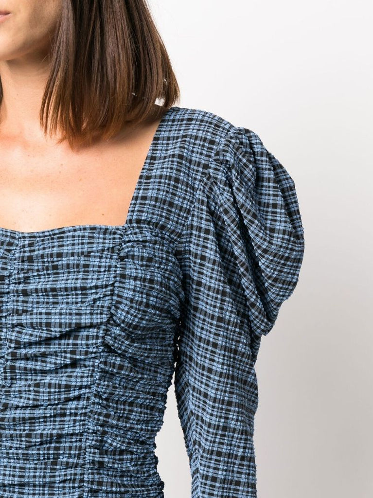 Blue Checked Seersucker Mini Dress