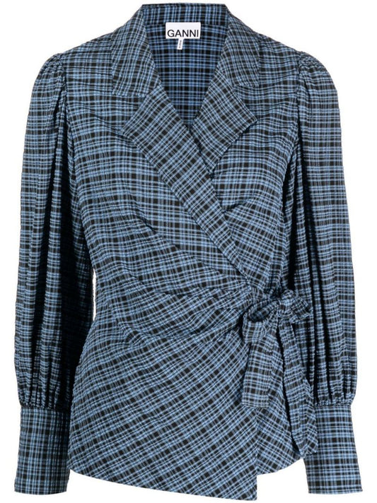 Blue Checked Seeksucker Wrap Shirt