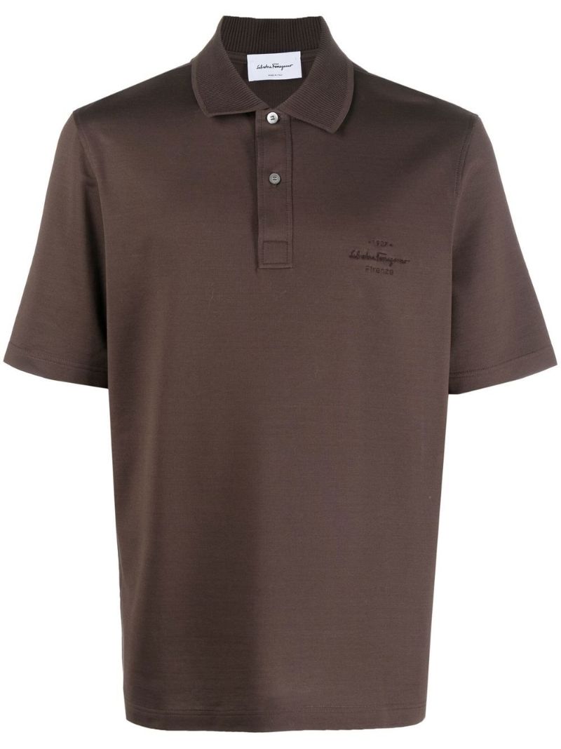 Brown Logo Embroidered Cotton Polo Shirt