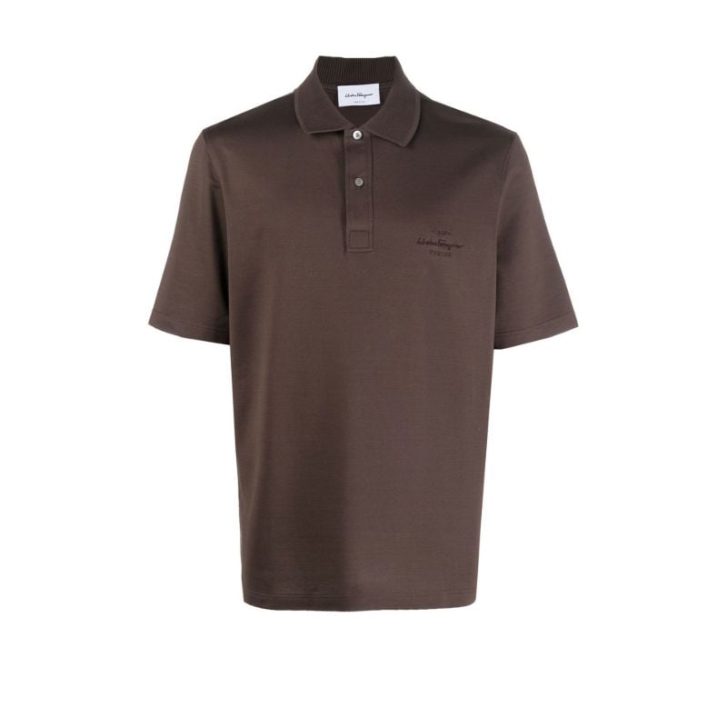 Brown Logo Embroidered Cotton Polo Shirt