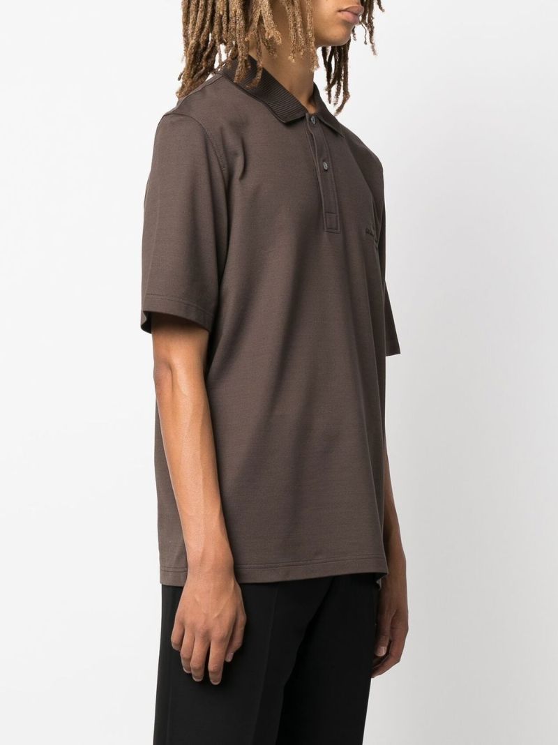 Brown Logo Embroidered Cotton Polo Shirt