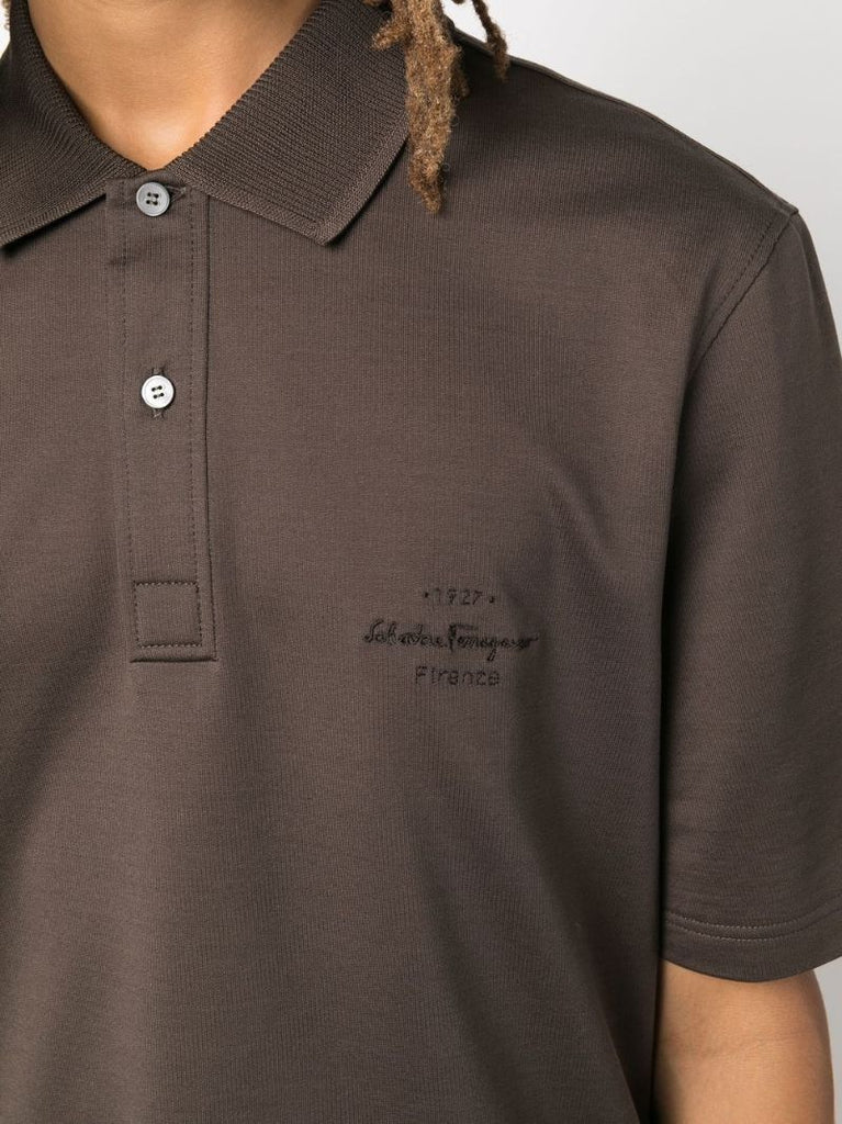 Brown Logo Embroidered Cotton Polo Shirt