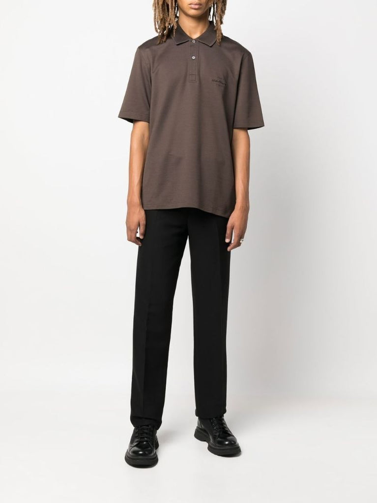 Brown Logo Embroidered Cotton Polo Shirt