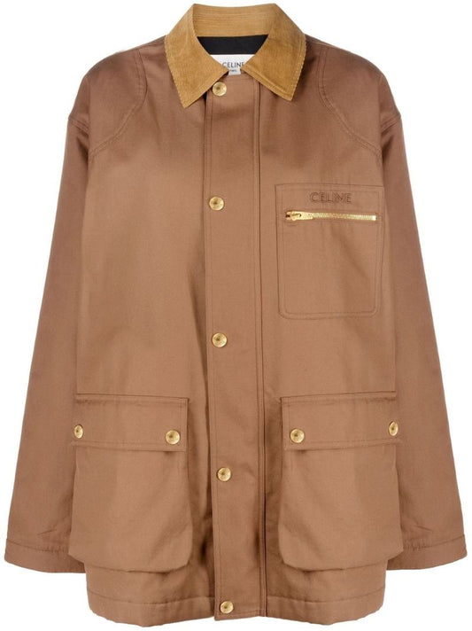Brown Logo Embroidered Single Breasted Coat
