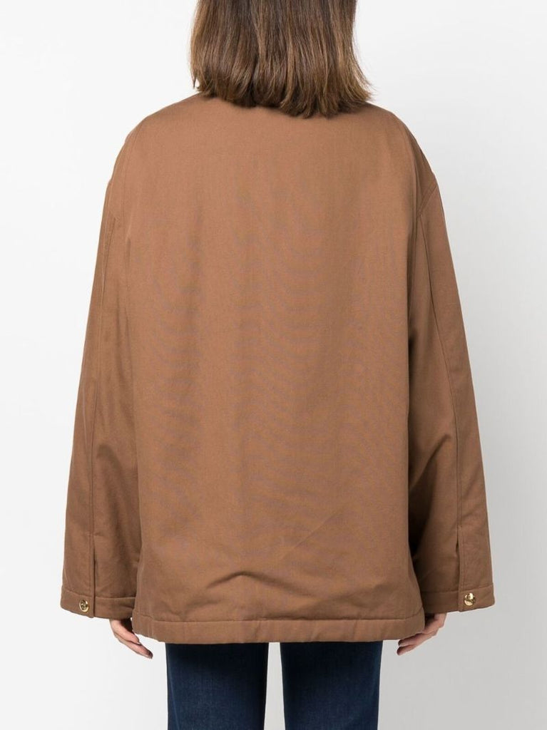Brown Logo Embroidered Single Breasted Coat