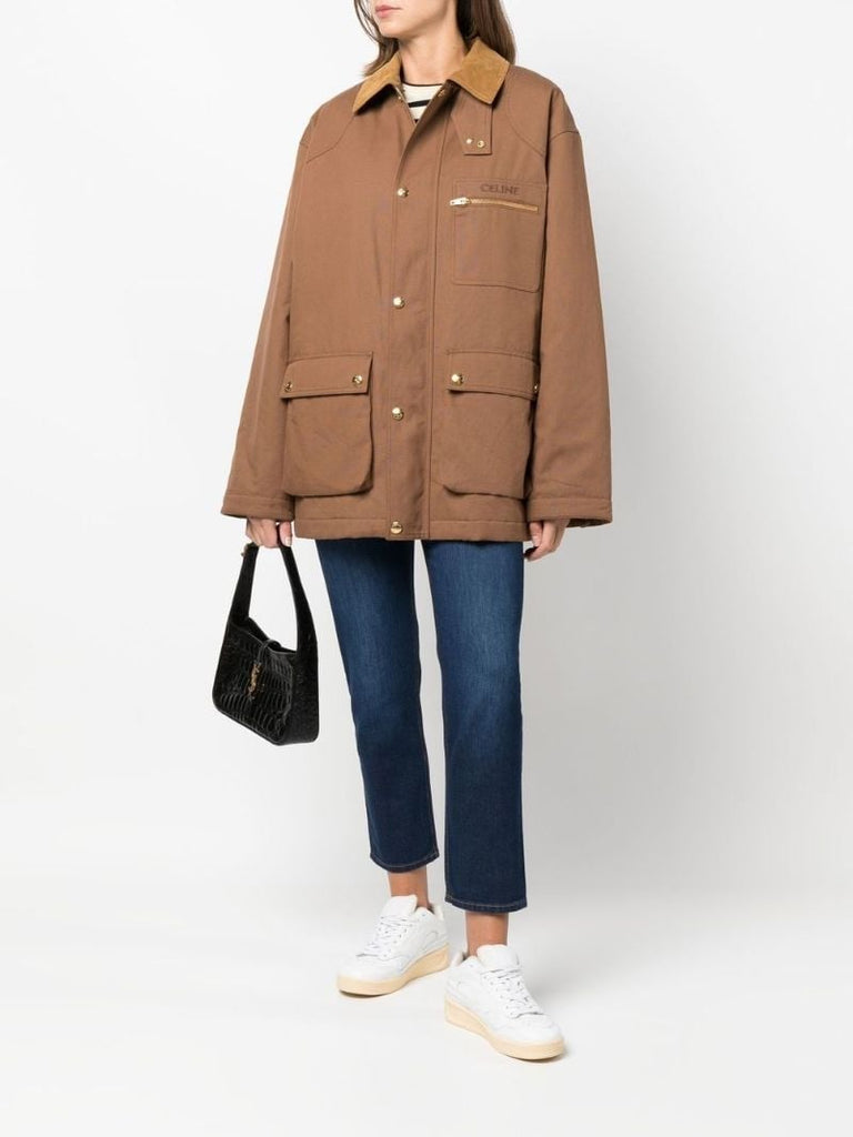 Brown Logo Embroidered Single Breasted Coat