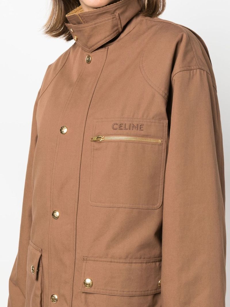 Brown Logo Embroidered Single Breasted Coat