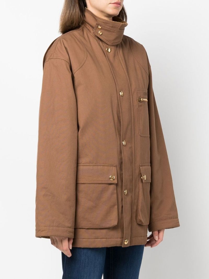 Brown Logo Embroidered Single Breasted Coat