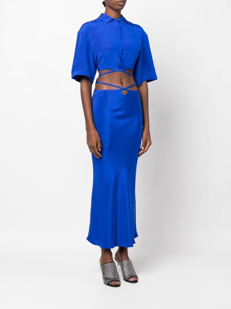 Blue Tie Waist Silk Midi Skirt