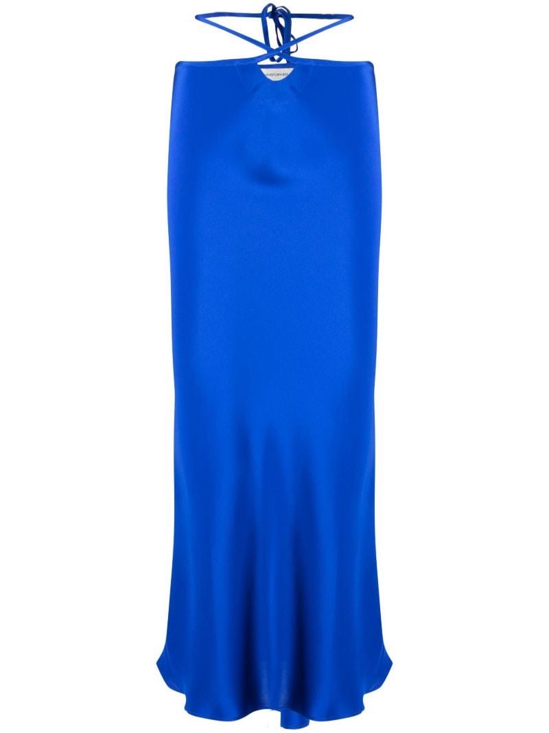 Blue Tie Waist Silk Midi Skirt