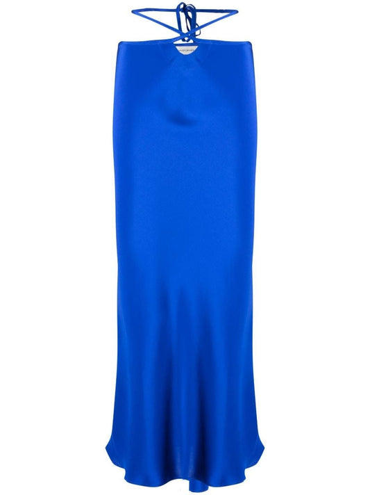 Blue Tie Waist Silk Midi Skirt