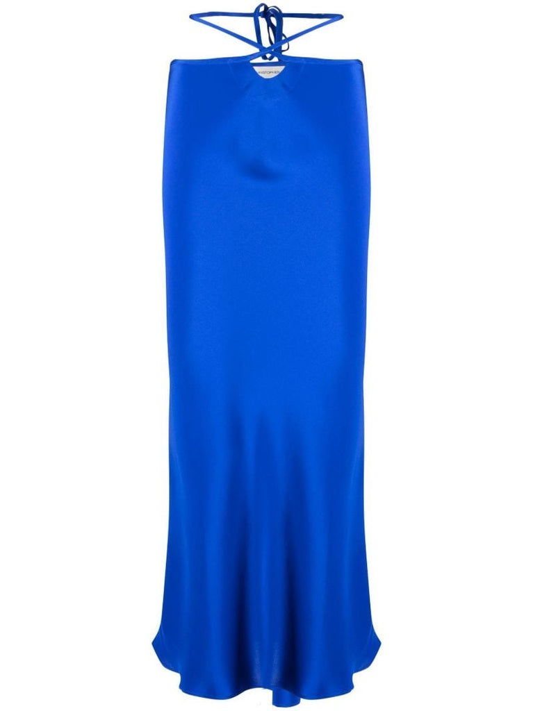 Blue Tie Waist Silk Midi Skirt