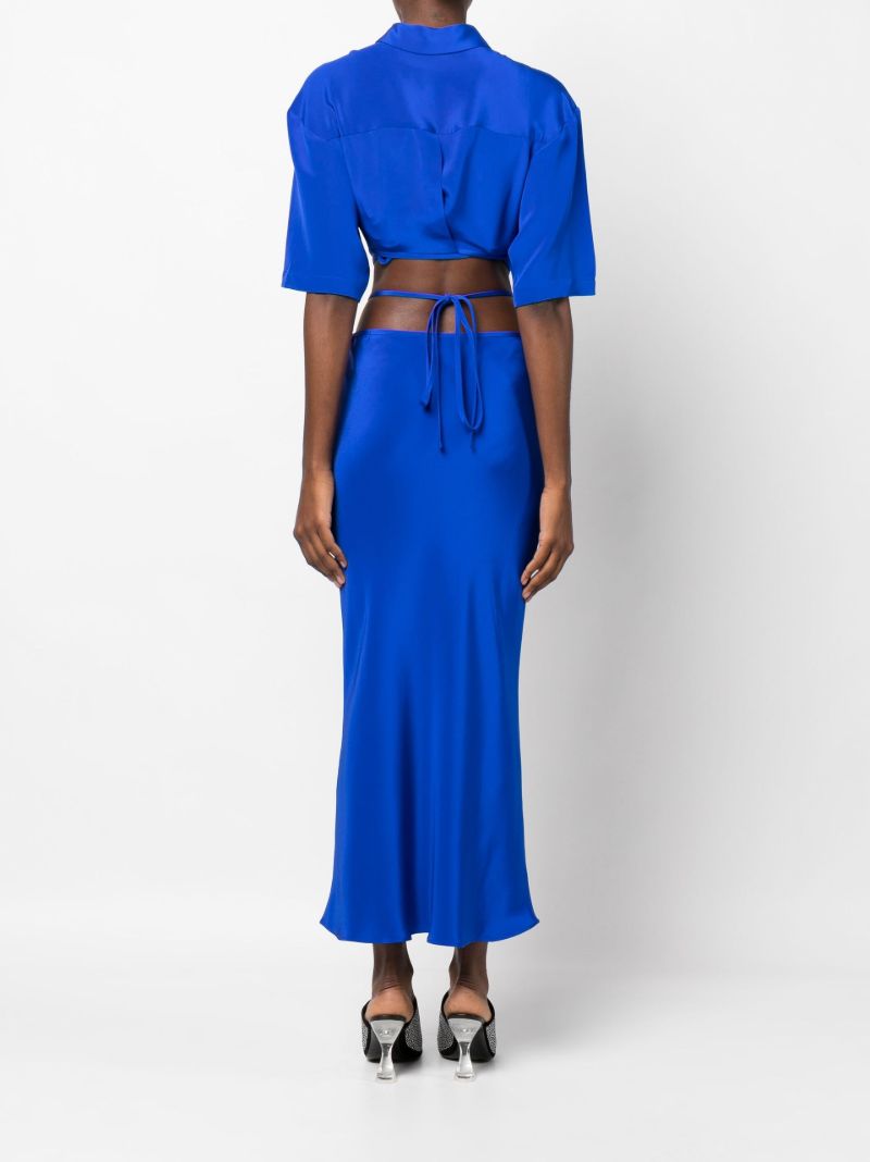 Blue Tie Waist Silk Midi Skirt