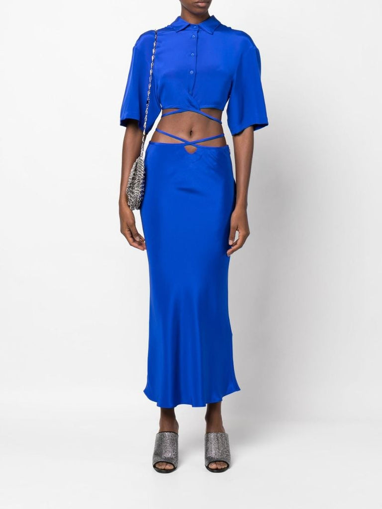 Blue Tie Waist Silk Midi Skirt
