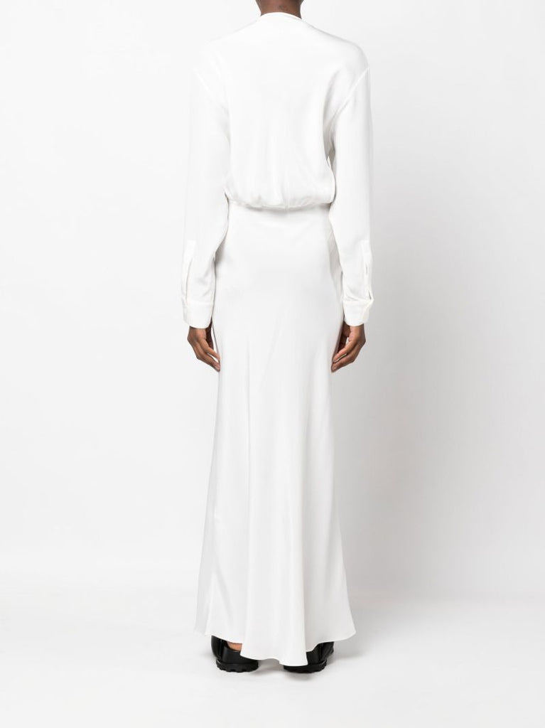 White Triquetra Tie Front Silk Maxi Dress