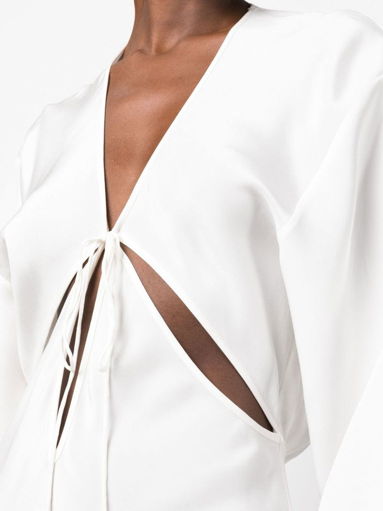 White Triquetra Tie Front Silk Maxi Dress
