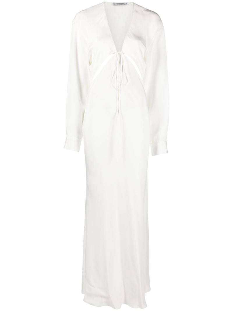 White Triquetra Tie Front Silk Maxi Dress