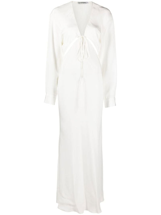 White Triquetra Tie Front Silk Maxi Dress