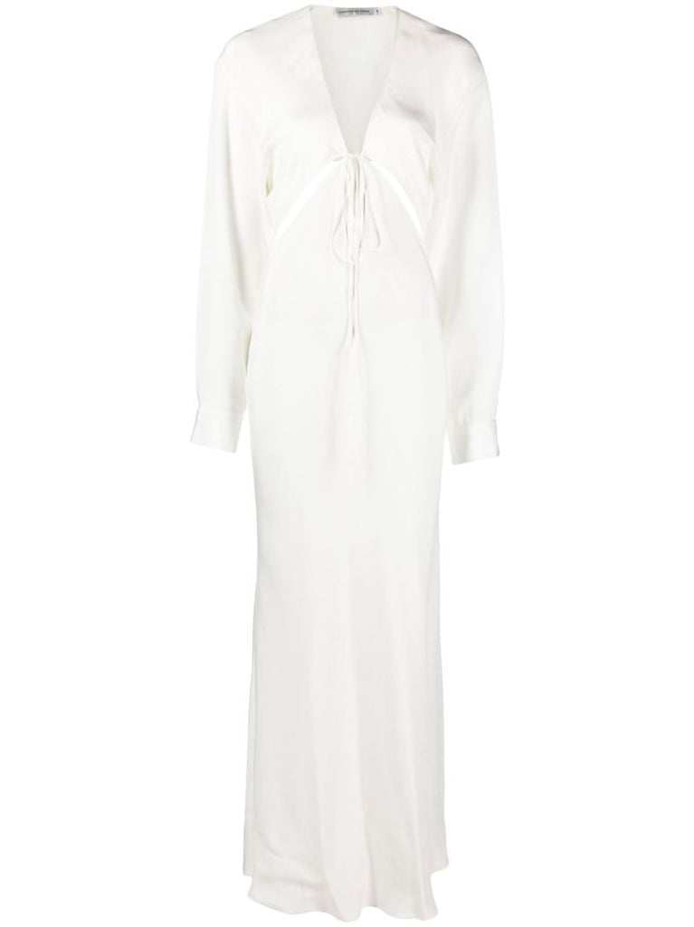 White Triquetra Tie Front Silk Maxi Dress