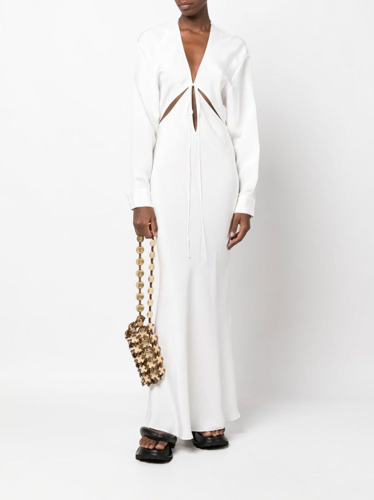 White Triquetra Tie Front Silk Maxi Dress