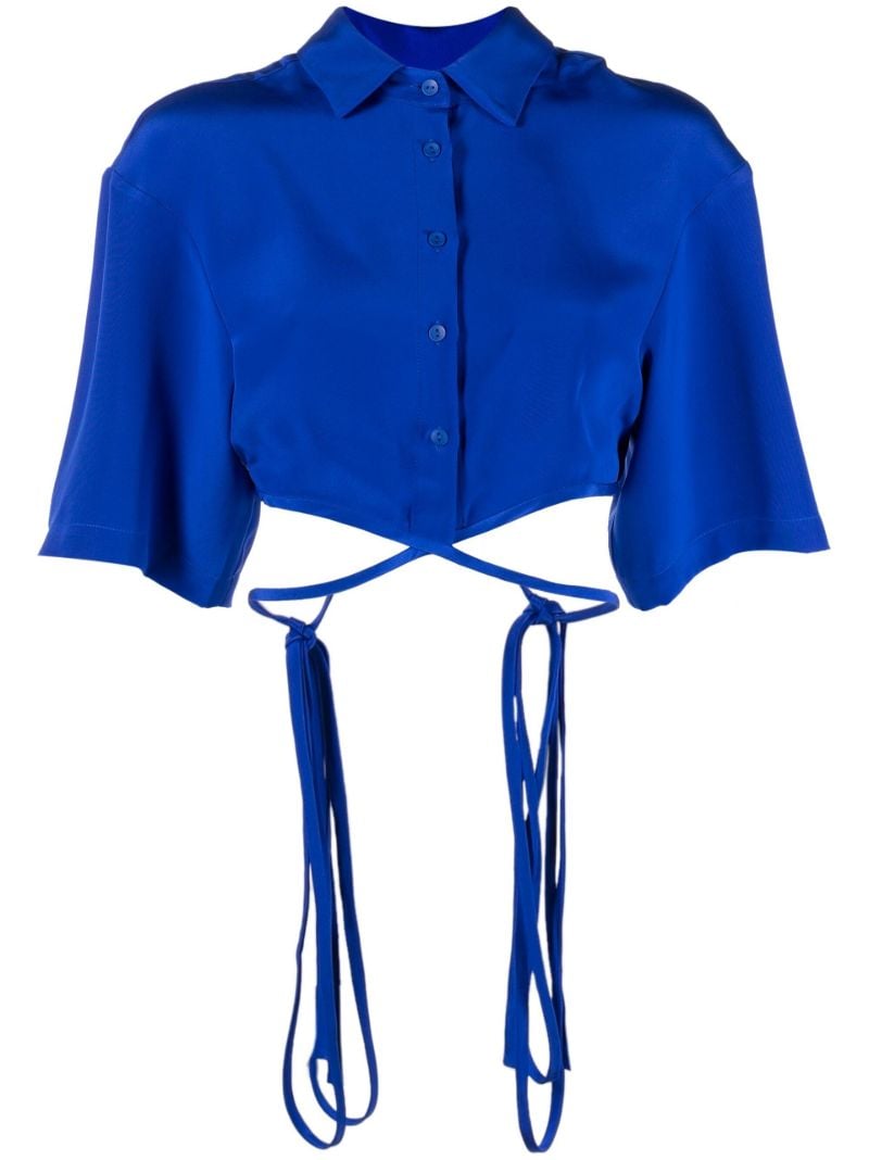 Blue Wrap-around Tassel Cropped Shirt