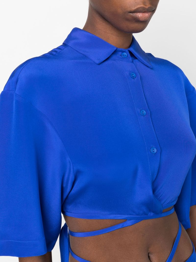 Blue Wrap-around Tassel Cropped Shirt