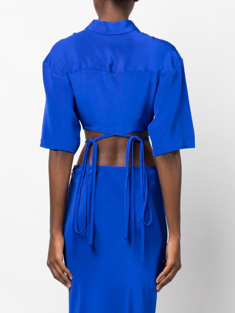 Blue Wrap-around Tassel Cropped Shirt