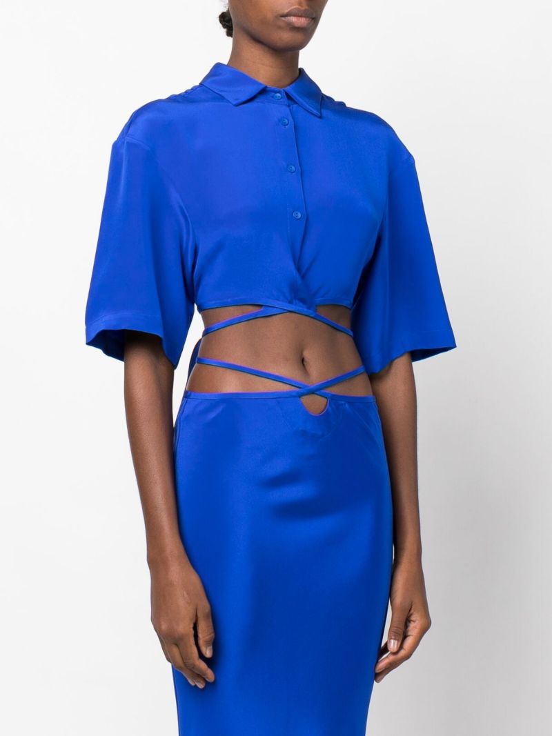 Blue Wrap-around Tassel Cropped Shirt