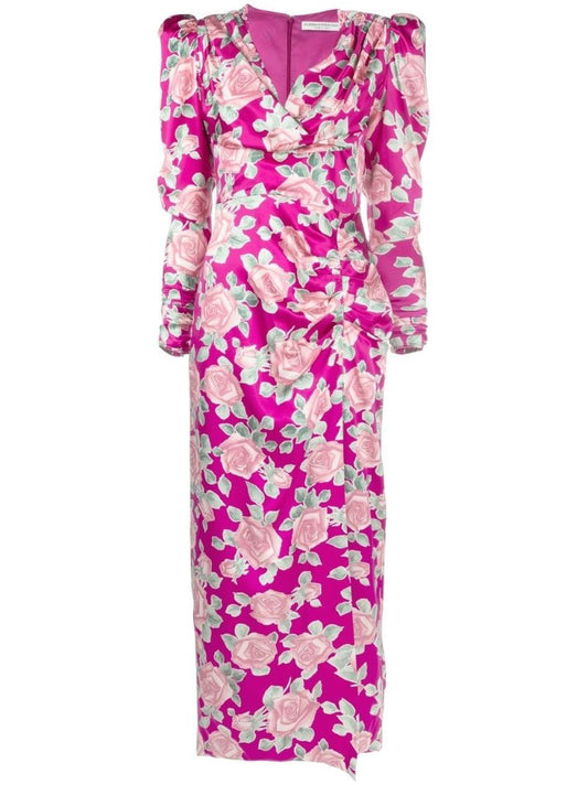 Pink Rose Print Silk Midi Dress