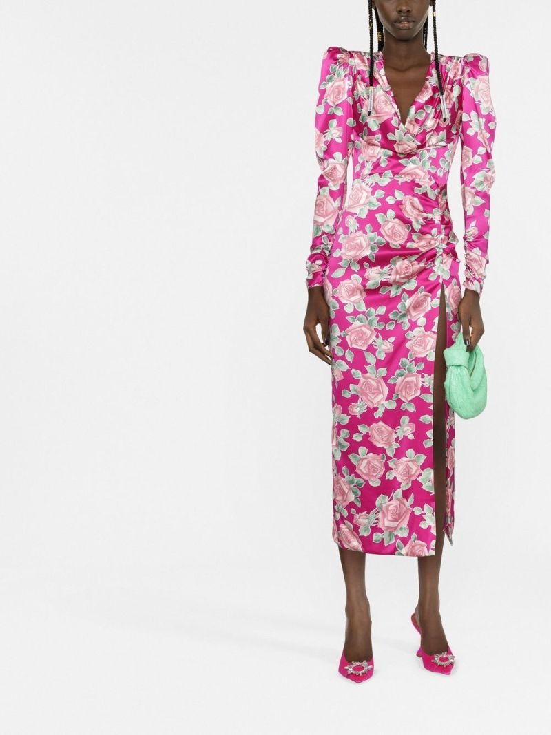 Pink Rose Print Silk Midi Dress