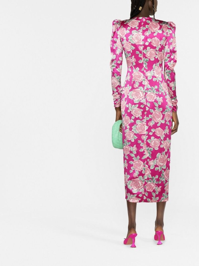 Pink Rose Print Silk Midi Dress