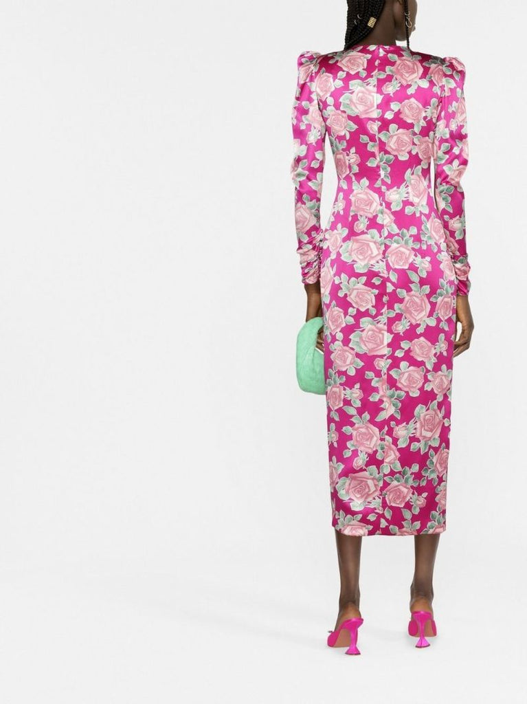 Pink Rose Print Silk Midi Dress