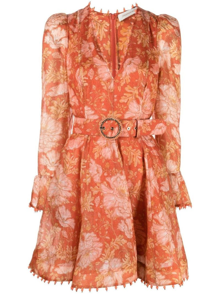 Orange Kaleidoscope Floral Print Mini Dress